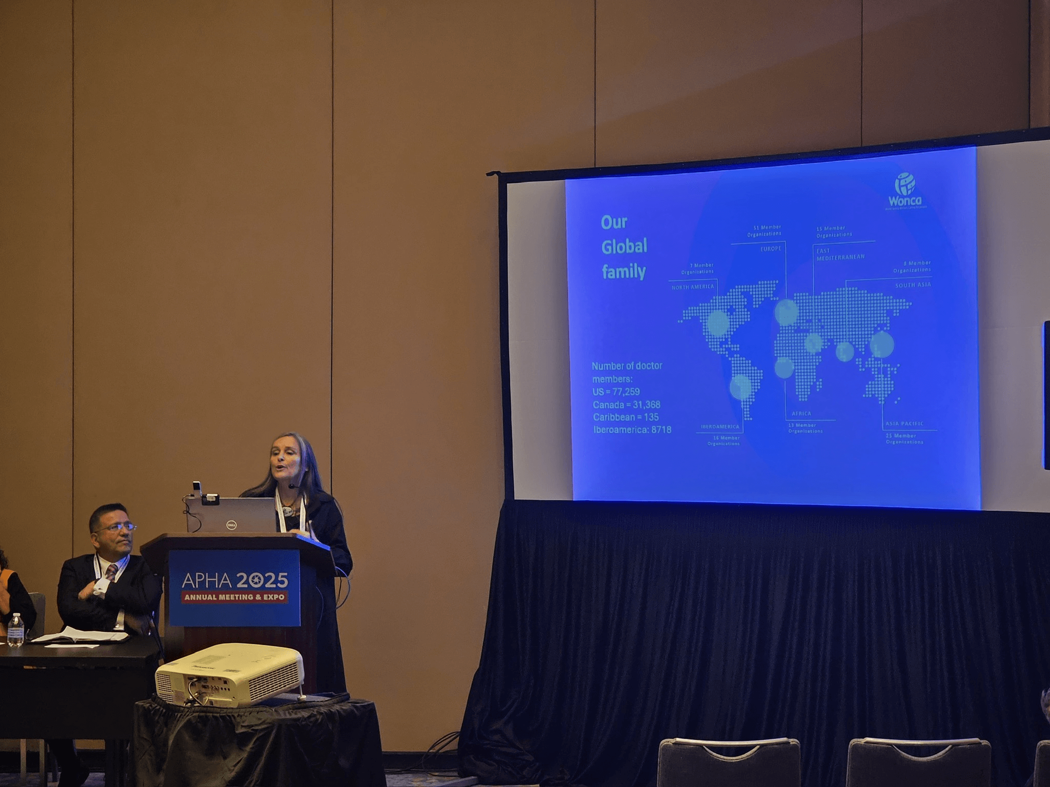 WONCA President Viviana Martinez-Bianchi speaking at APHA 2025